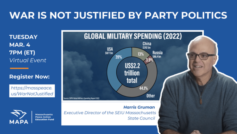 Event poster showing caption "War is not justified by party politics"